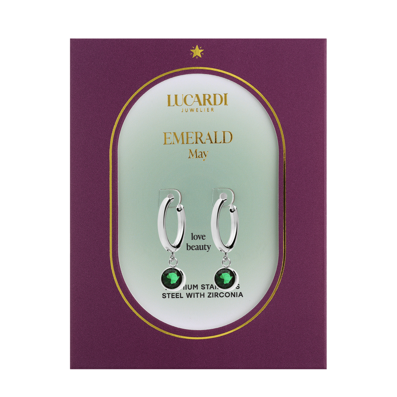 Stainless steel oorbellen met geboortesteen mei