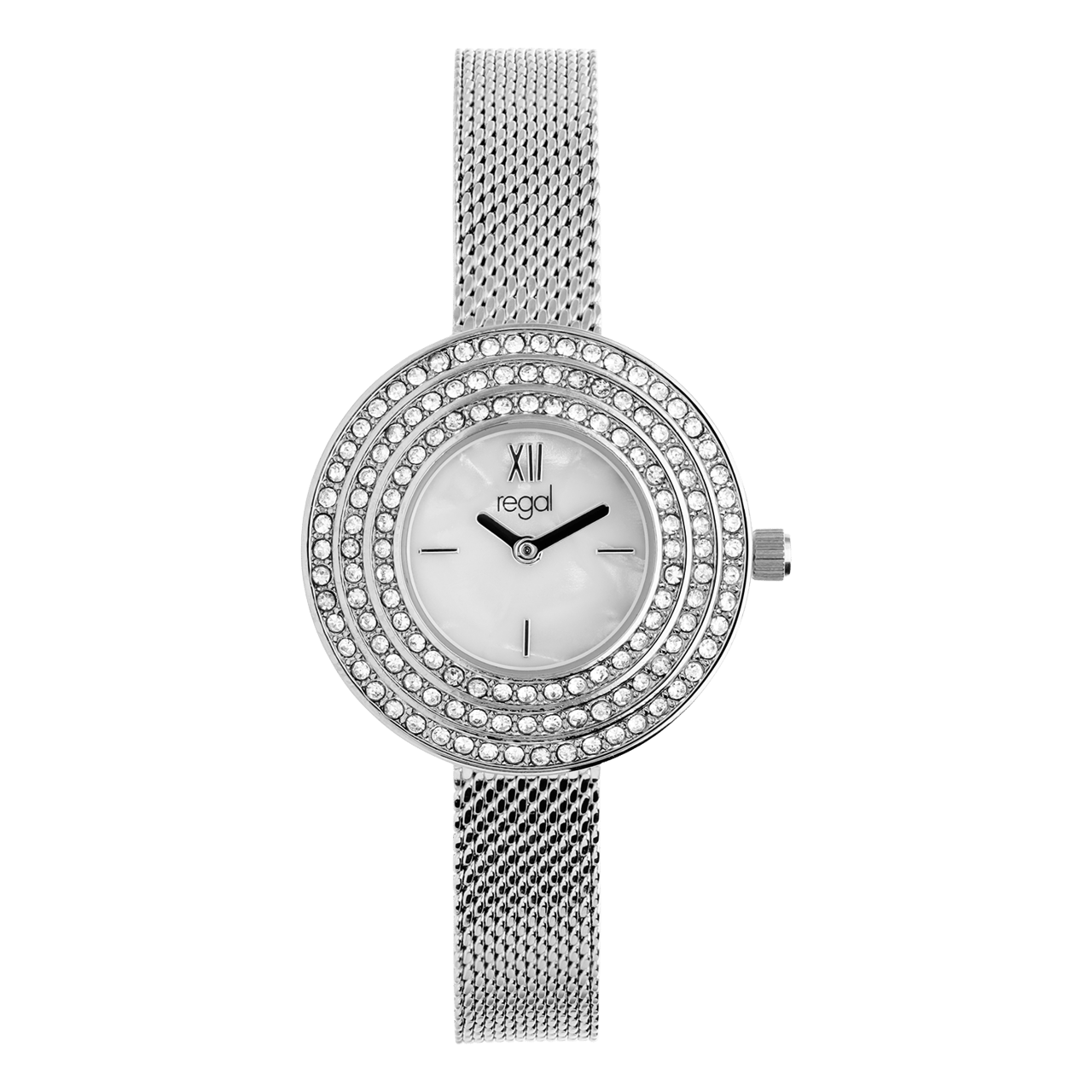 Regal dames horloge zilverkleurig, drie rijen zirkonia
