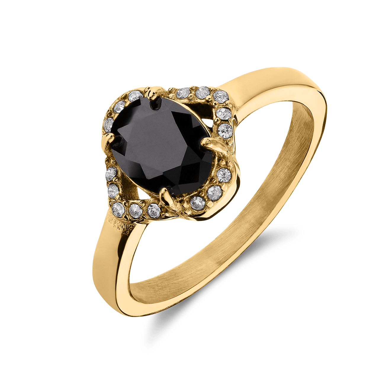Stainless steel goldplated vintage ring met zwart zirkonia