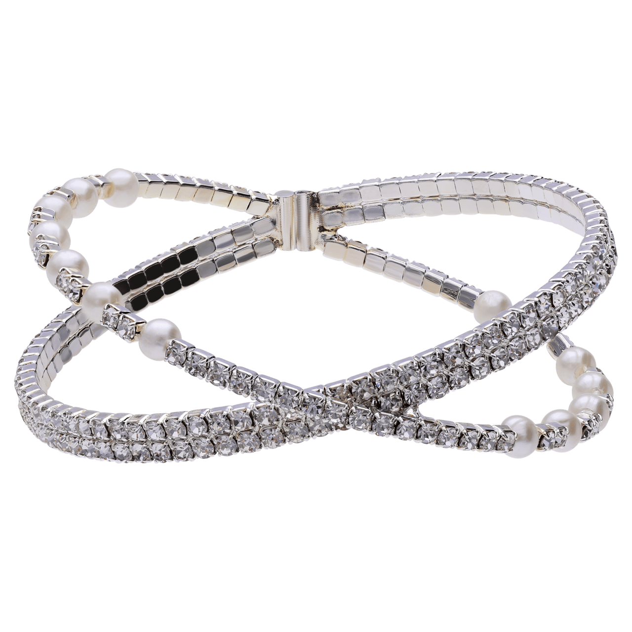 Silberfarbenes Modeschmuckarmband, doppelreihig, mit Perlbesatz