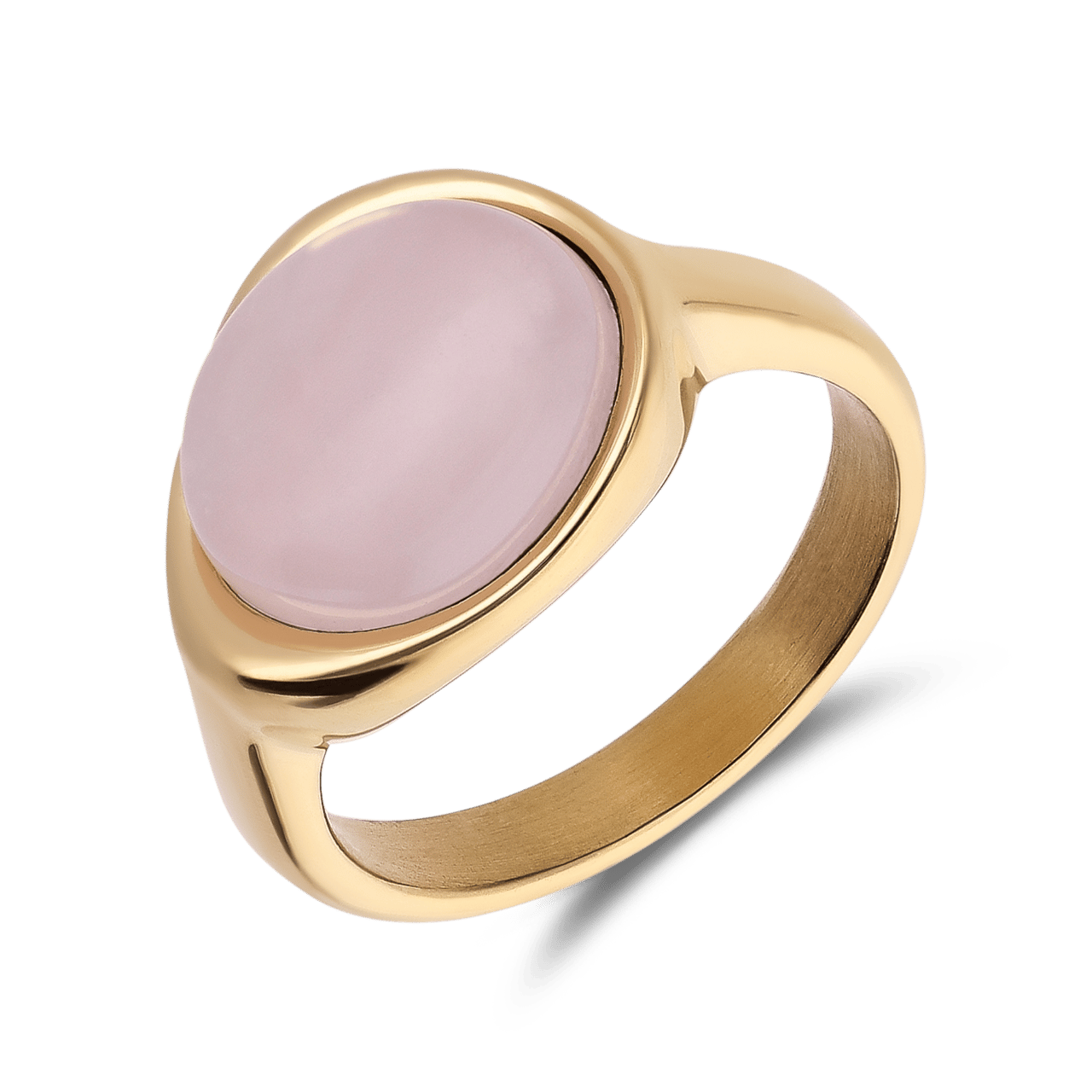 Ring aus Edelstahl, vergoldet, mit Rosenquarz, oval