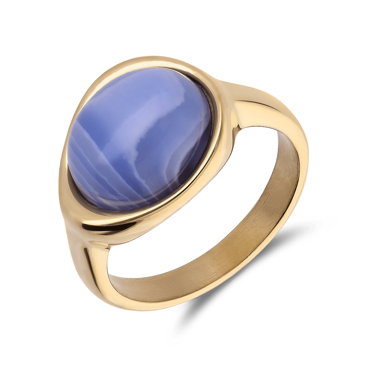 Stainless steel goldplated ring met blue lace agaat ovaal