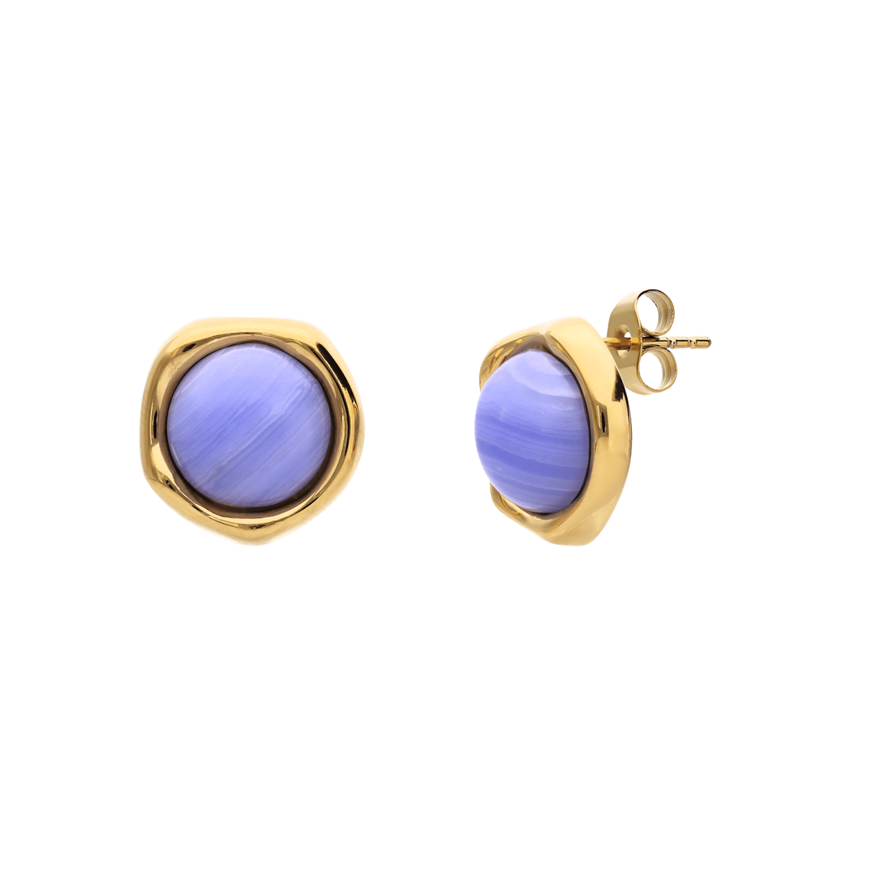 Stalen goldplated oorknoppen met blue lace agaat voor dames