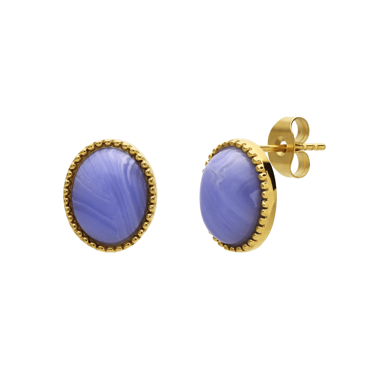 Stalen goldplated oorknoppen met blue lace agaat voor dames