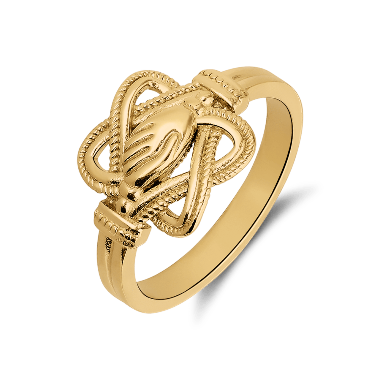 Ring aus Edelstahl, vergoldet, mit Teppichklopfer und Hand