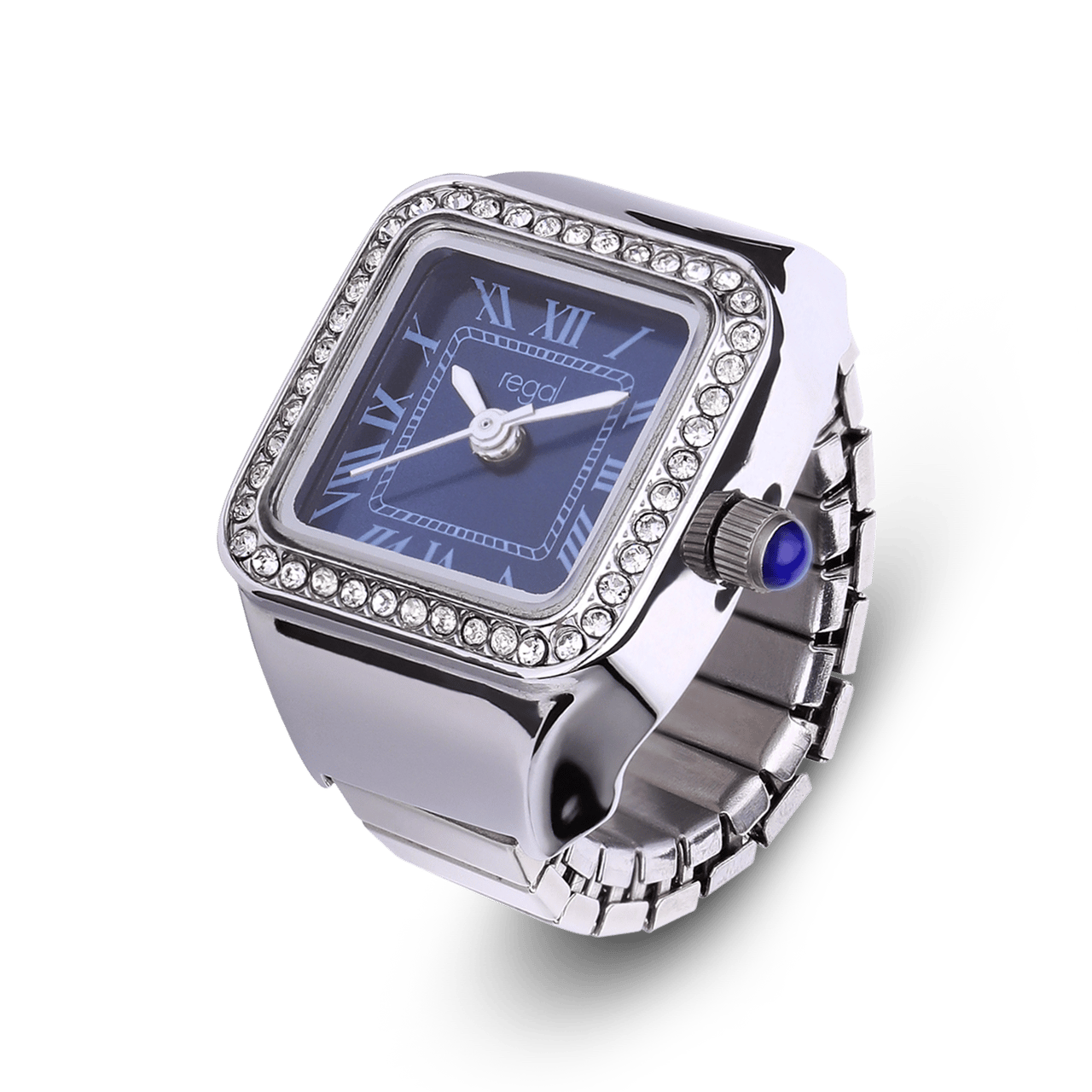 Regal Ringuhr aus 925er Silber mit blauem Zifferblatt und Zirkoniasteinen