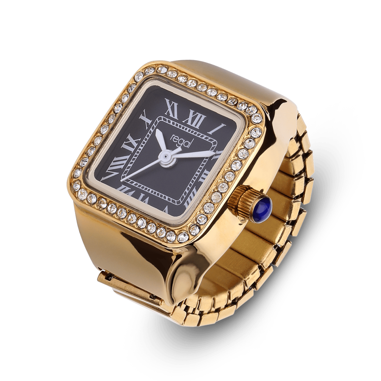 Regal Ringuhr, Gold, mit schwarzem Zifferblatt und Zirkoniasteinen