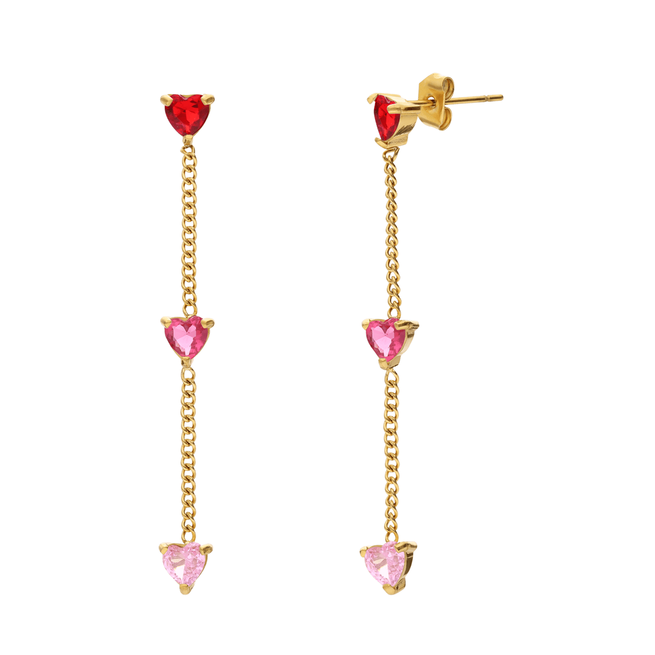 Stalen goldplated oorhangers met rood zirkonia hart voor dames