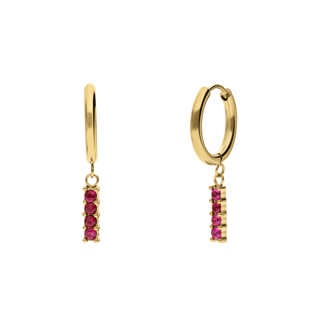 Stalen goldplated oorringen met hanger met rood zirkonia met zirkonia voor dames