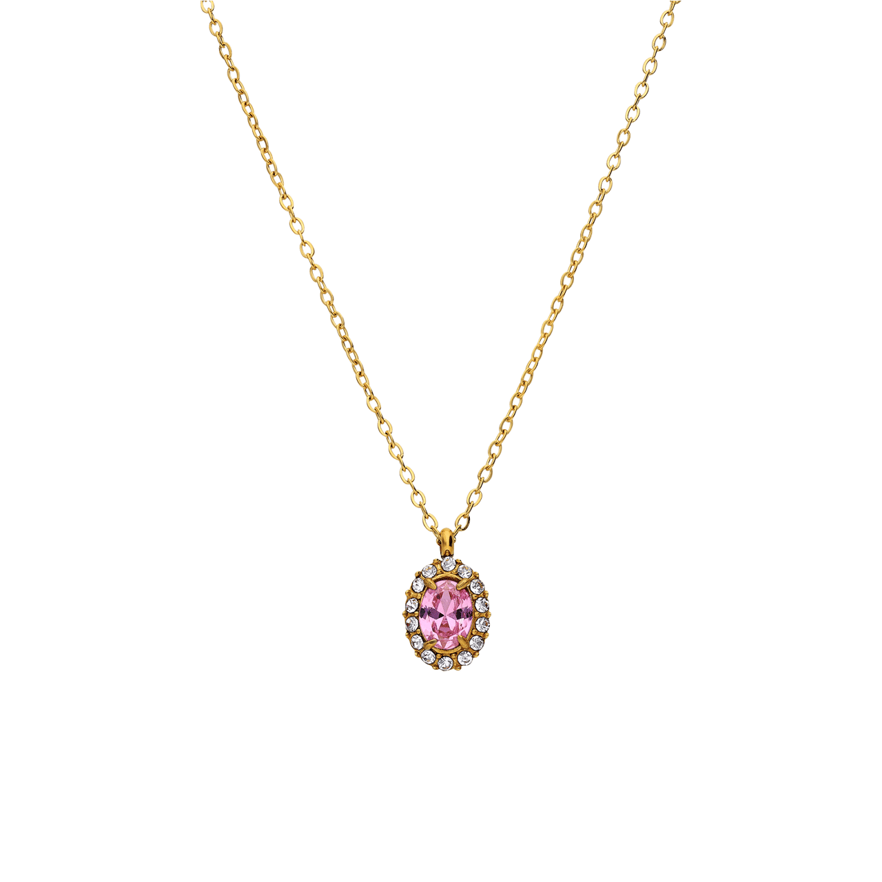 Stalen goldplated vintage ketting met roze zirkonia