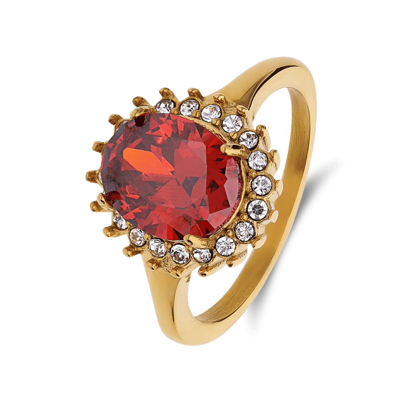 Stainless steel goldplated vintage ring met rood zirkonia