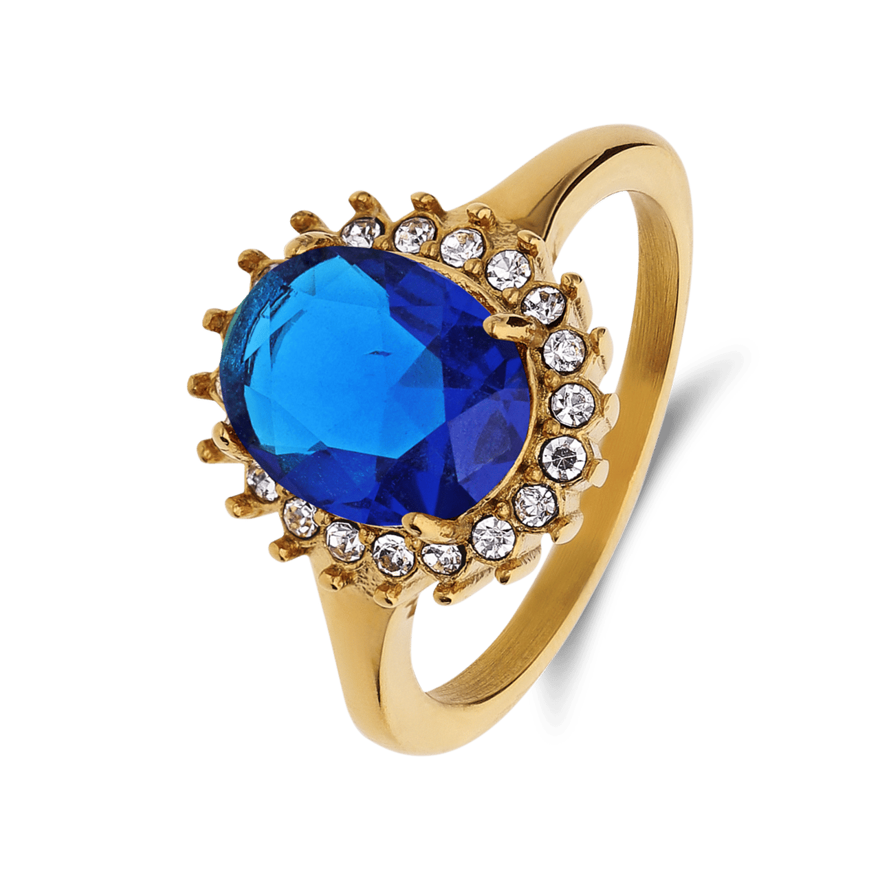 Stainless steel goldplated vintage ring met blauw zirkonia