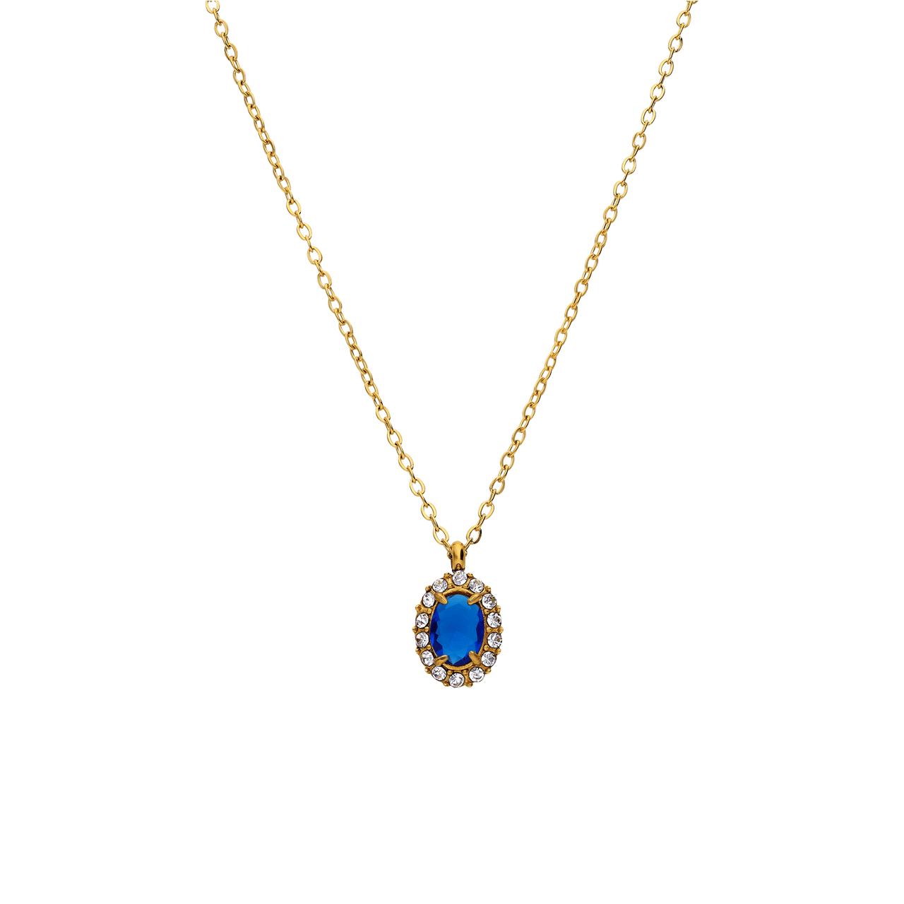 Stainless steel goldplated vintage ketting met blauw zirkonia