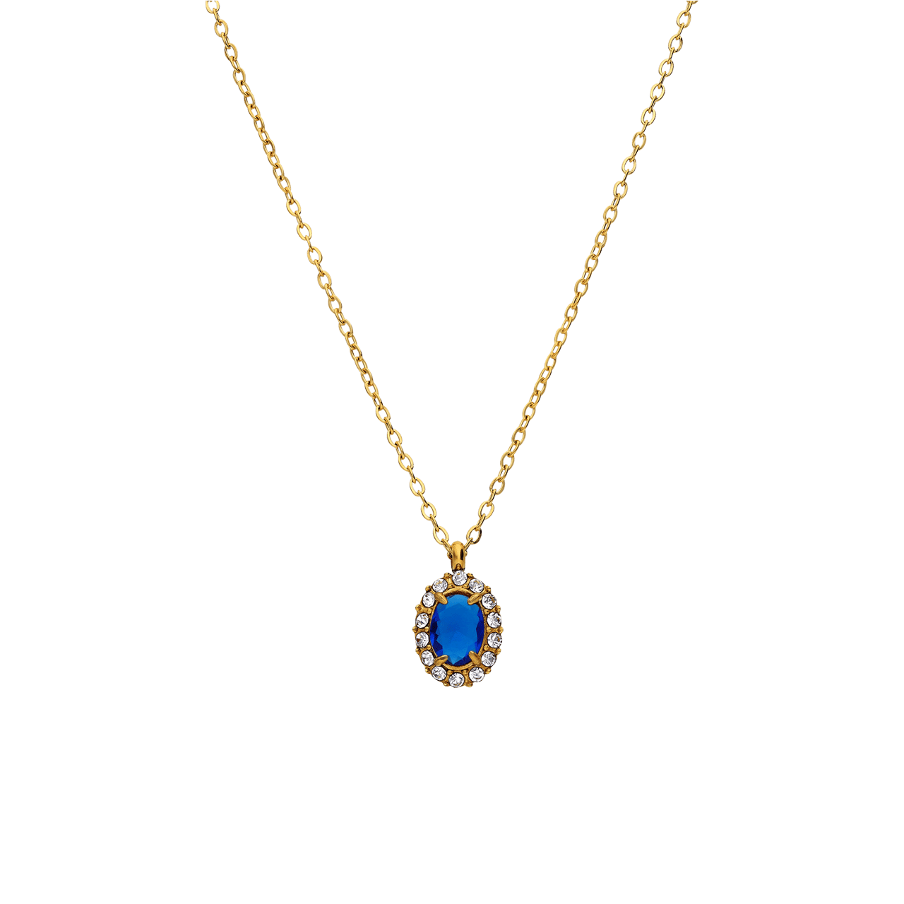Stalen goldplated vintage ketting met blauw zirkonia