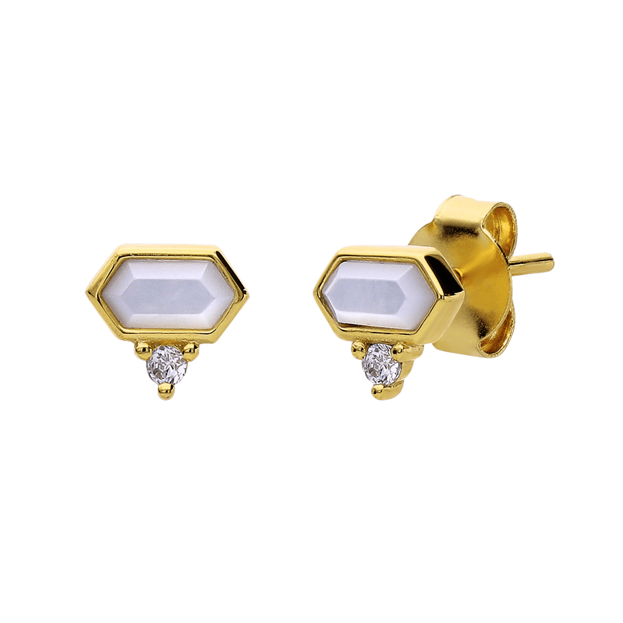 Zilveren goldplated oorknoppen hexagon met zirkonia voor dames