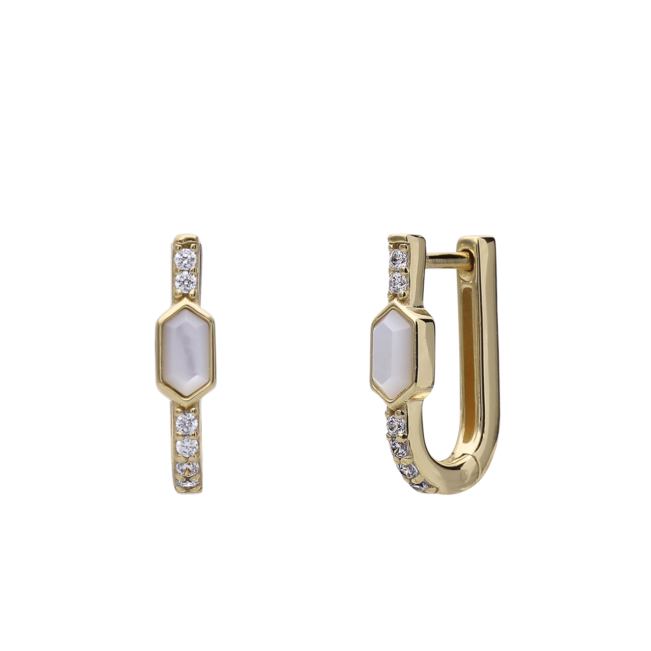 Zilveren goldplated oorring met parelmoer en zirkonia