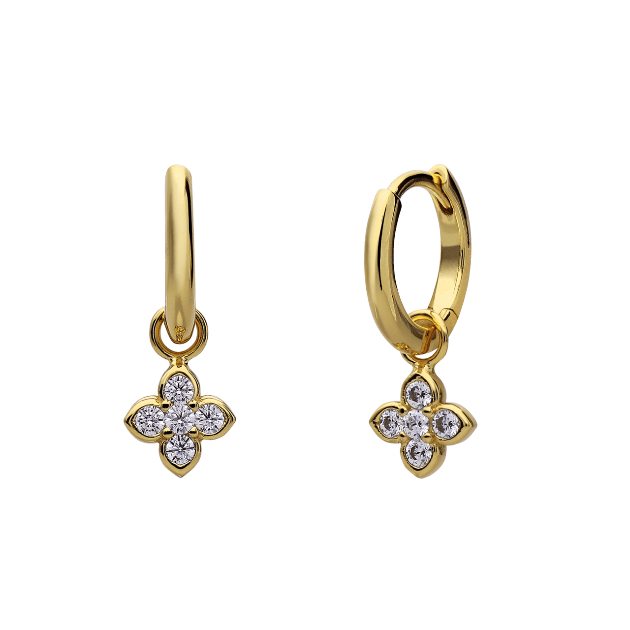 Zilveren goldplated oorringen met hanger bloem en zirkonia