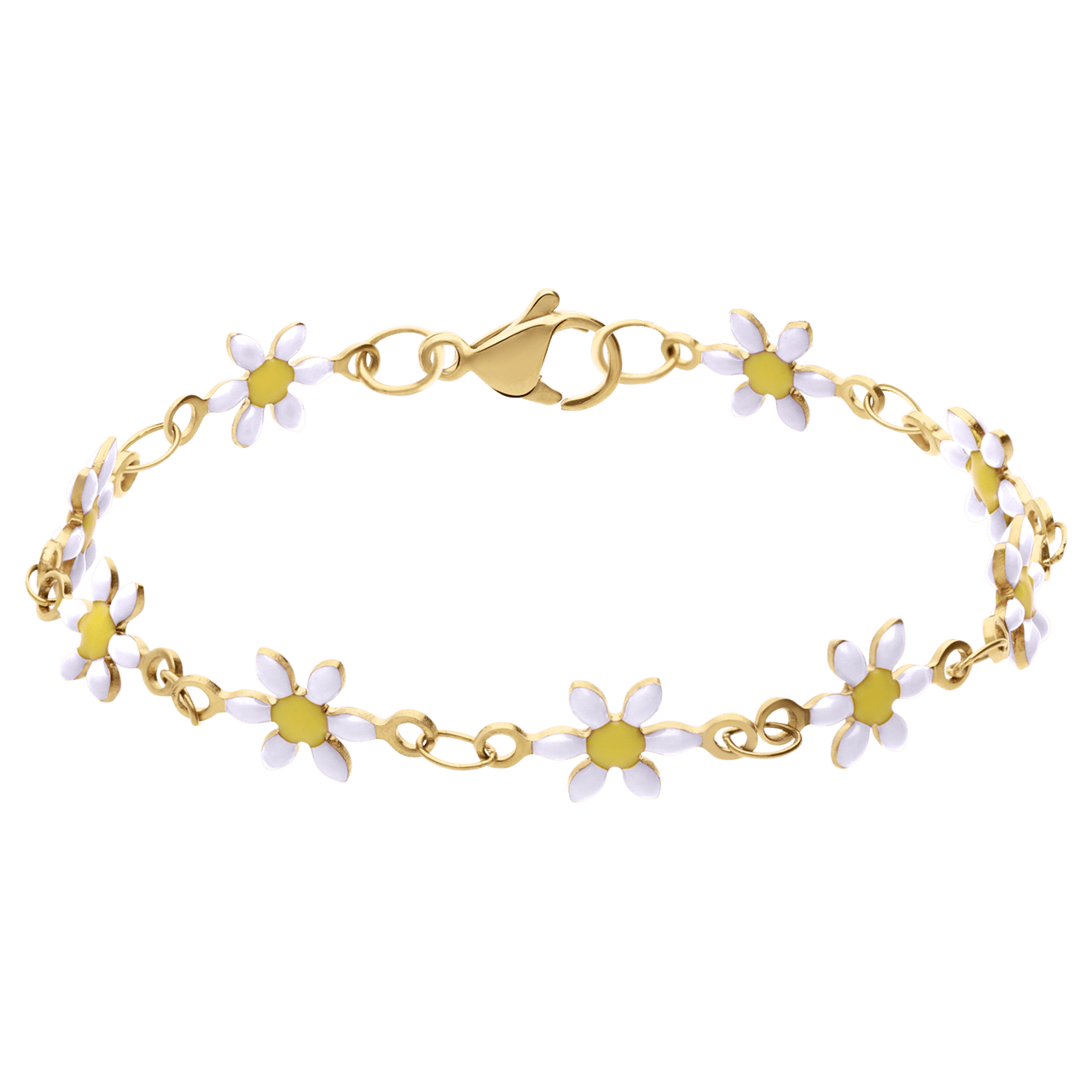 Stählernes, goldfarbenes Kinderarmband mit weißen Gänseblümchen