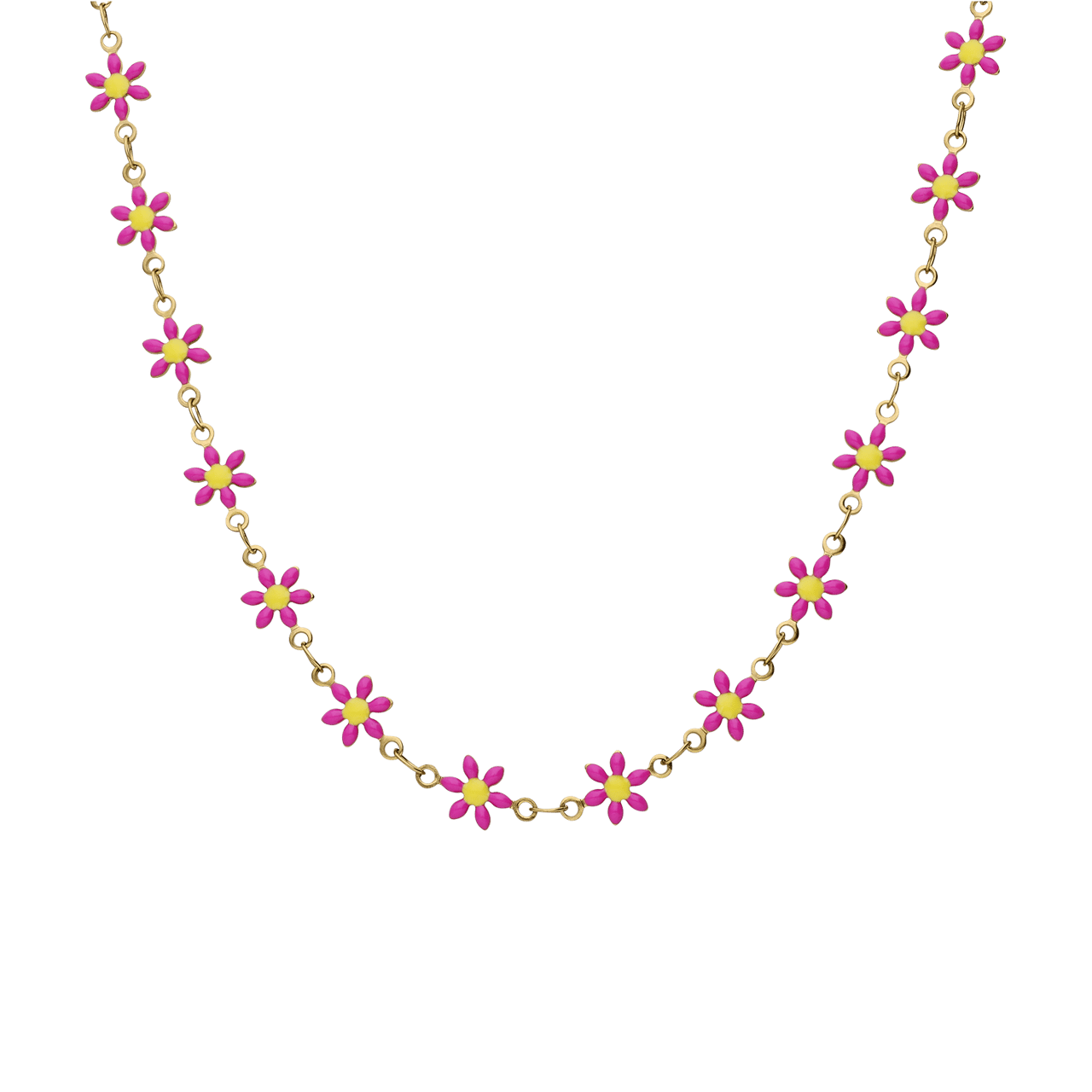 Stainless steel goudkleurige kinderketting met roze madeliefjes