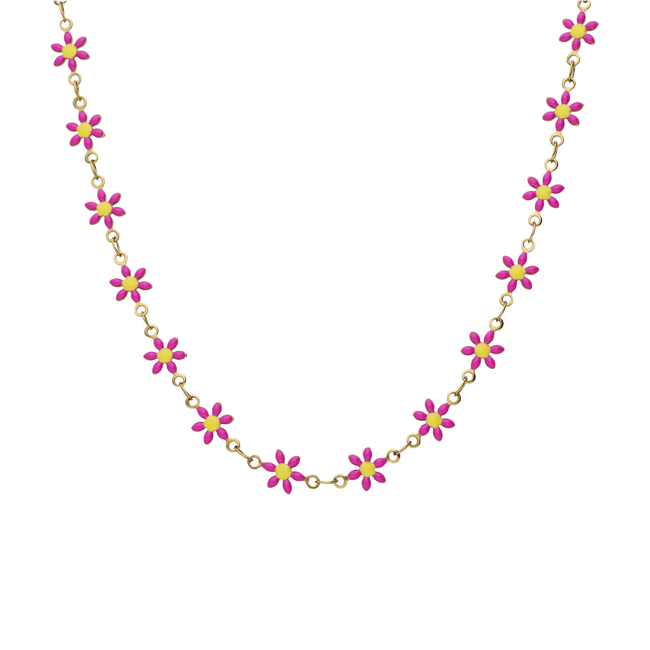 Stalen goudkleurige kinderketting met roze madeliefje