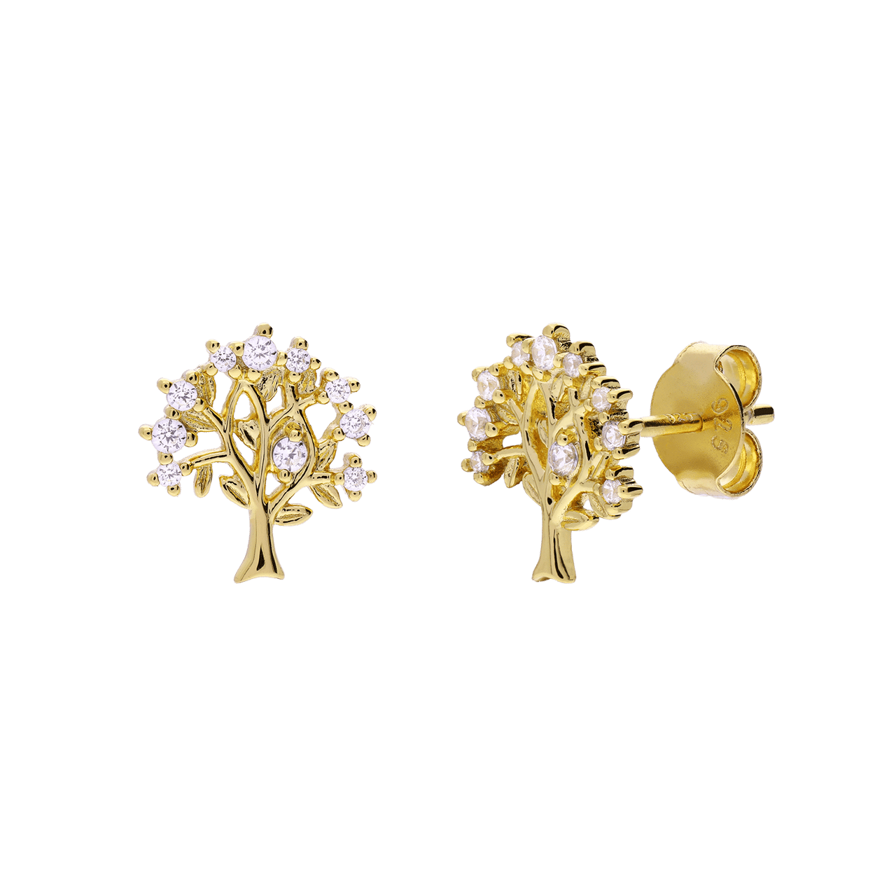 Silberne, goldbeschichtete Ohrstecker mit Lebensbaum und Zirkonia für Damen