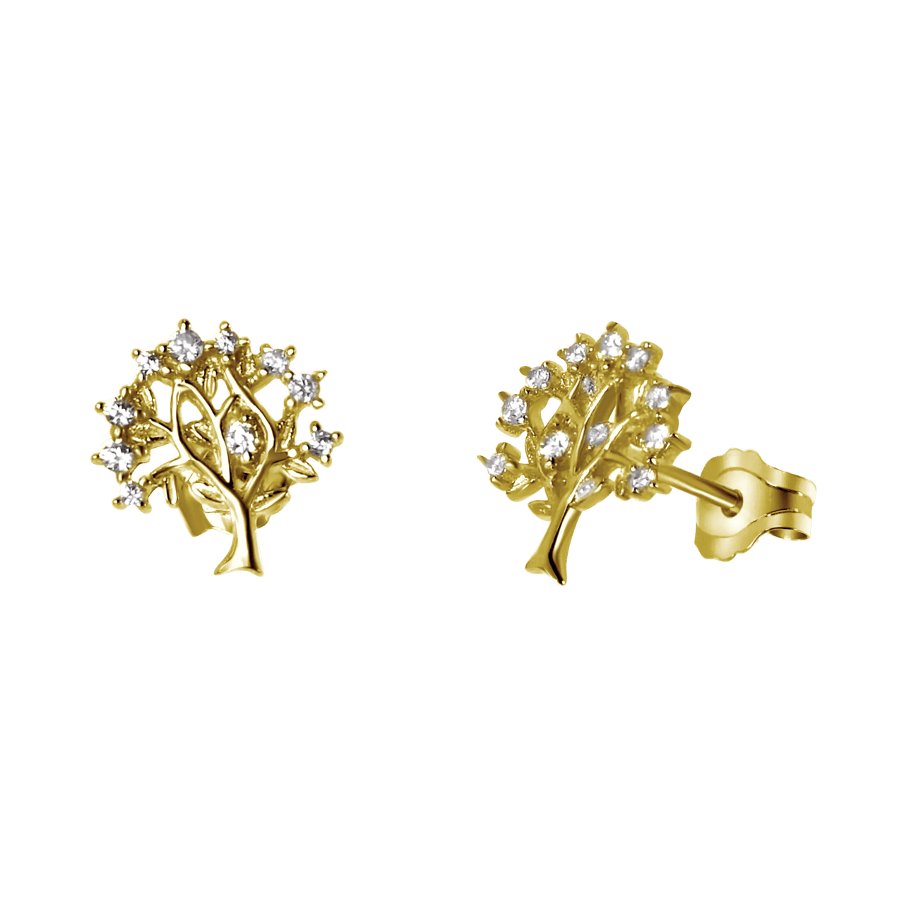 Zilveren goldplated oorknoppen levensboom met zirkonia voor dames