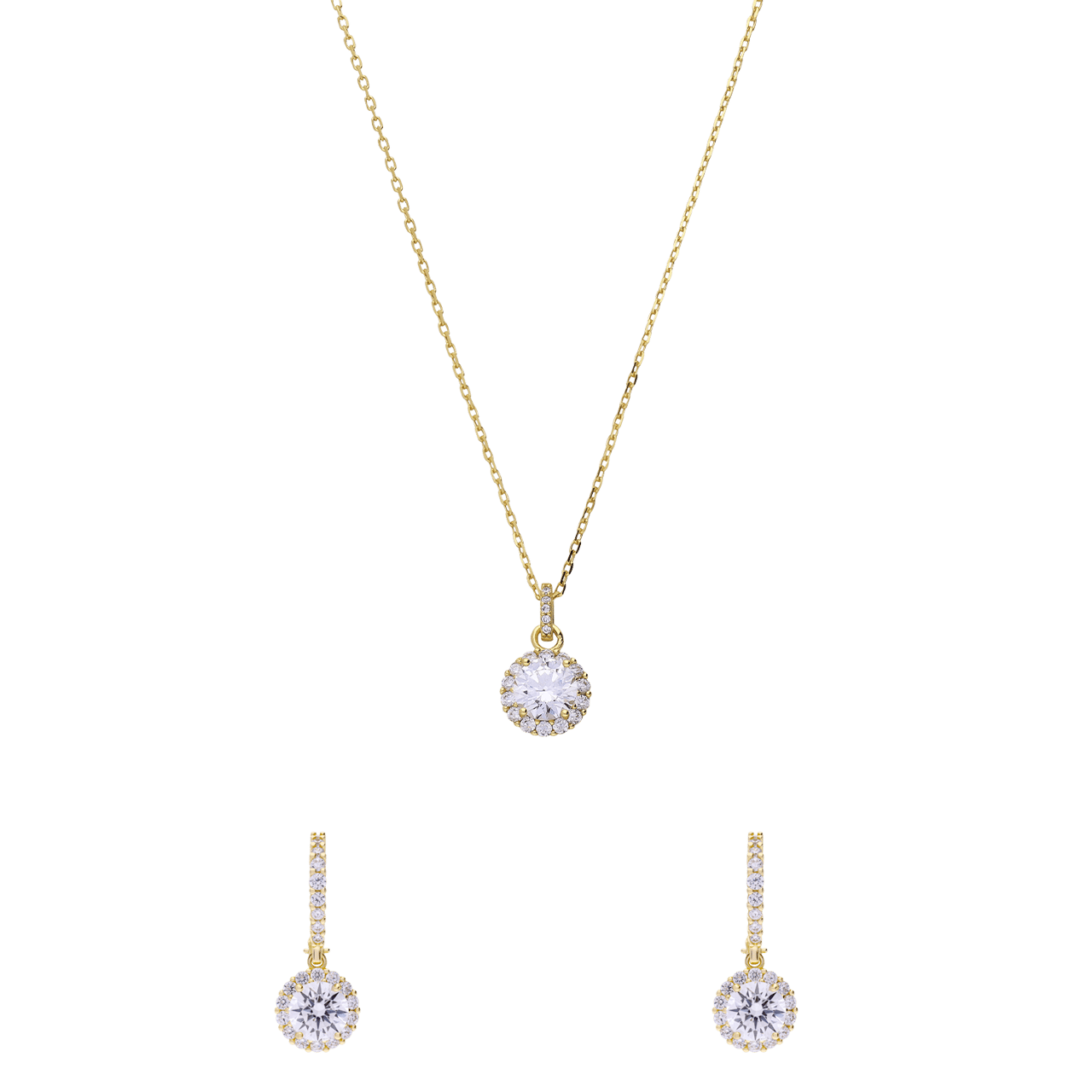 Zilveren sieradenset goldplated ketting met hanger en bijpassende oorbellen met zirkonia voor dames