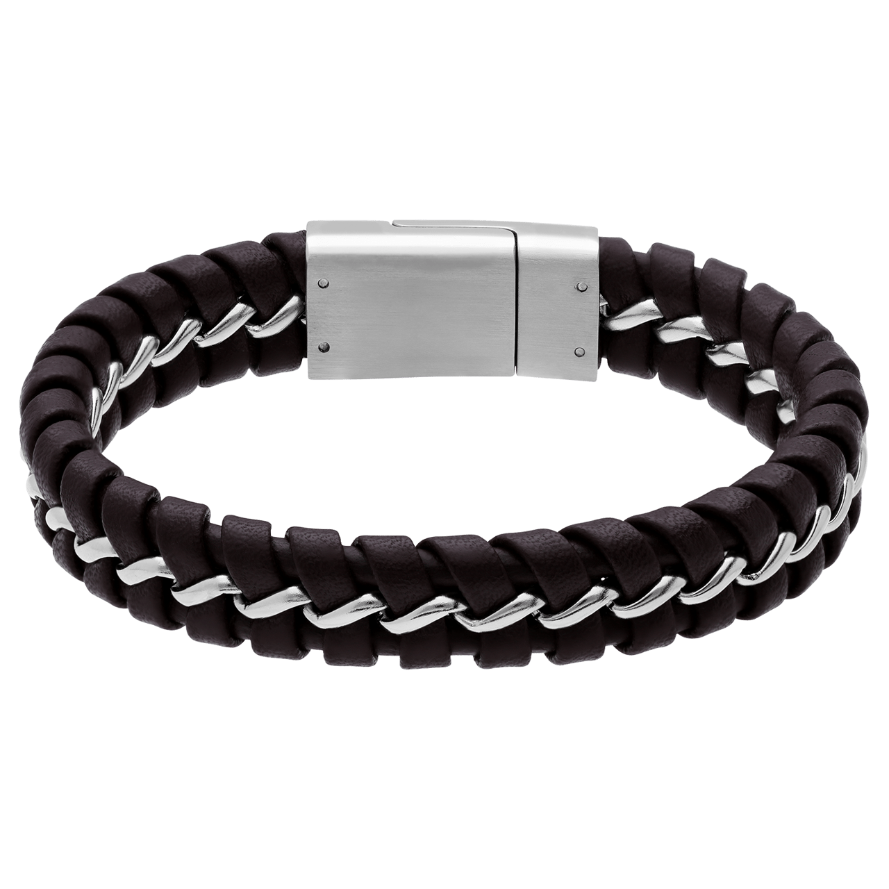 Stainless steel herenarmband gevlochten leer bruin