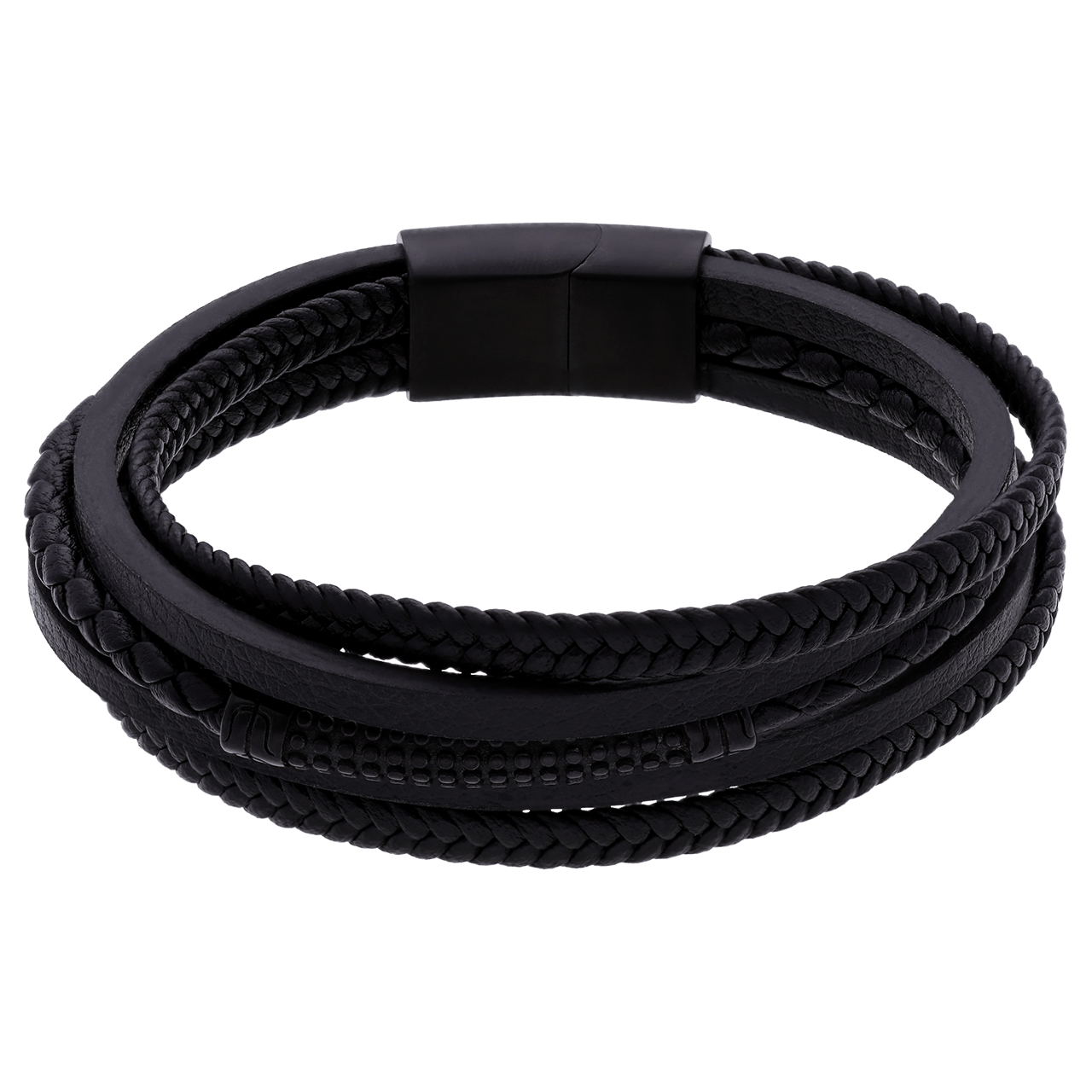 Stainless steel herenarmband gevlochten leer zwart