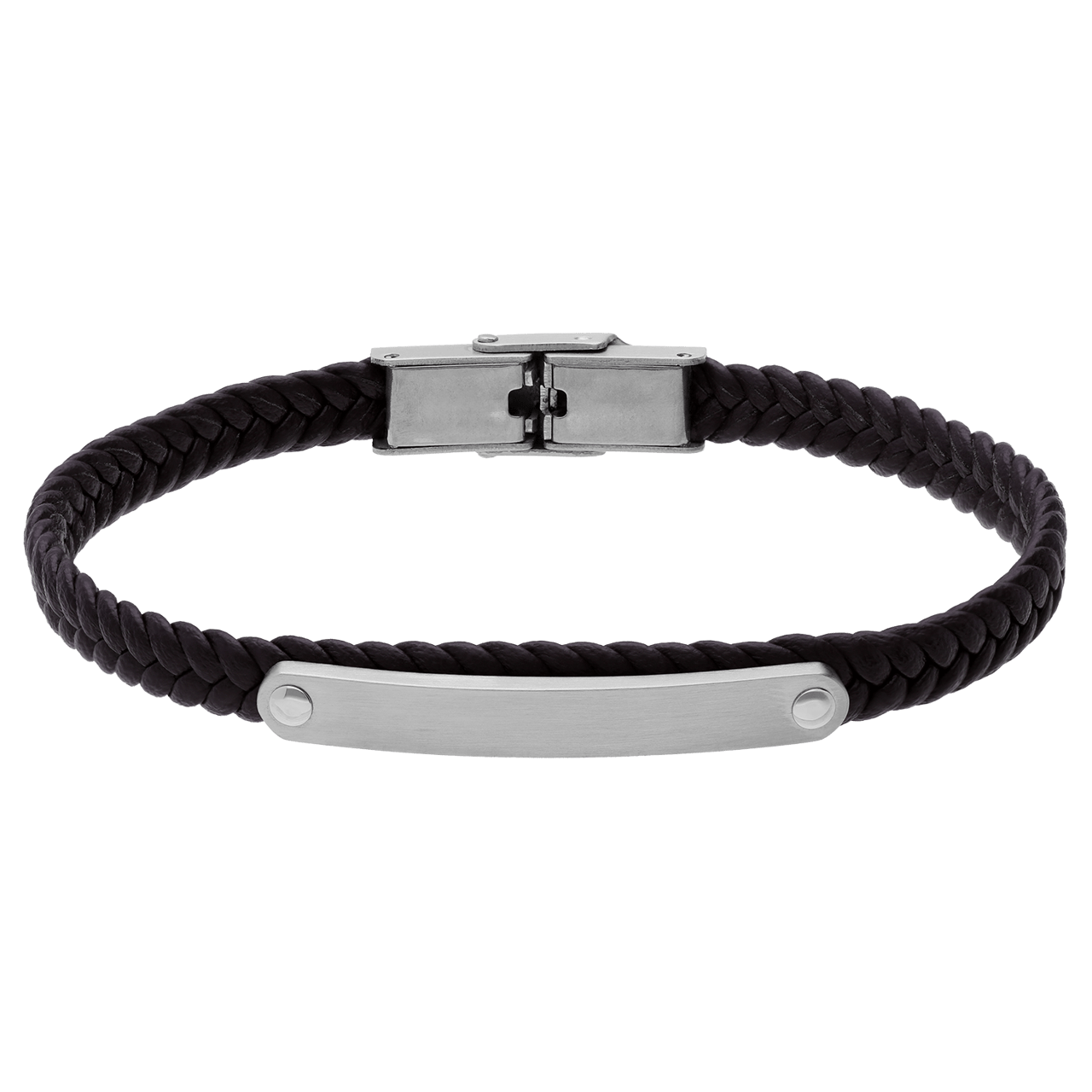 Stainless steel herenplaatarmband gevlochten leer bruin