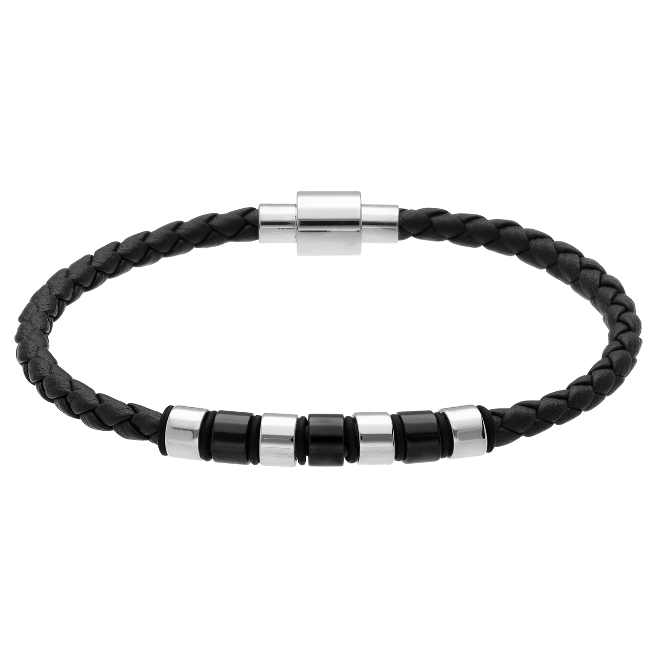 Stainless steel herenarmband gevlochten leer zwart
