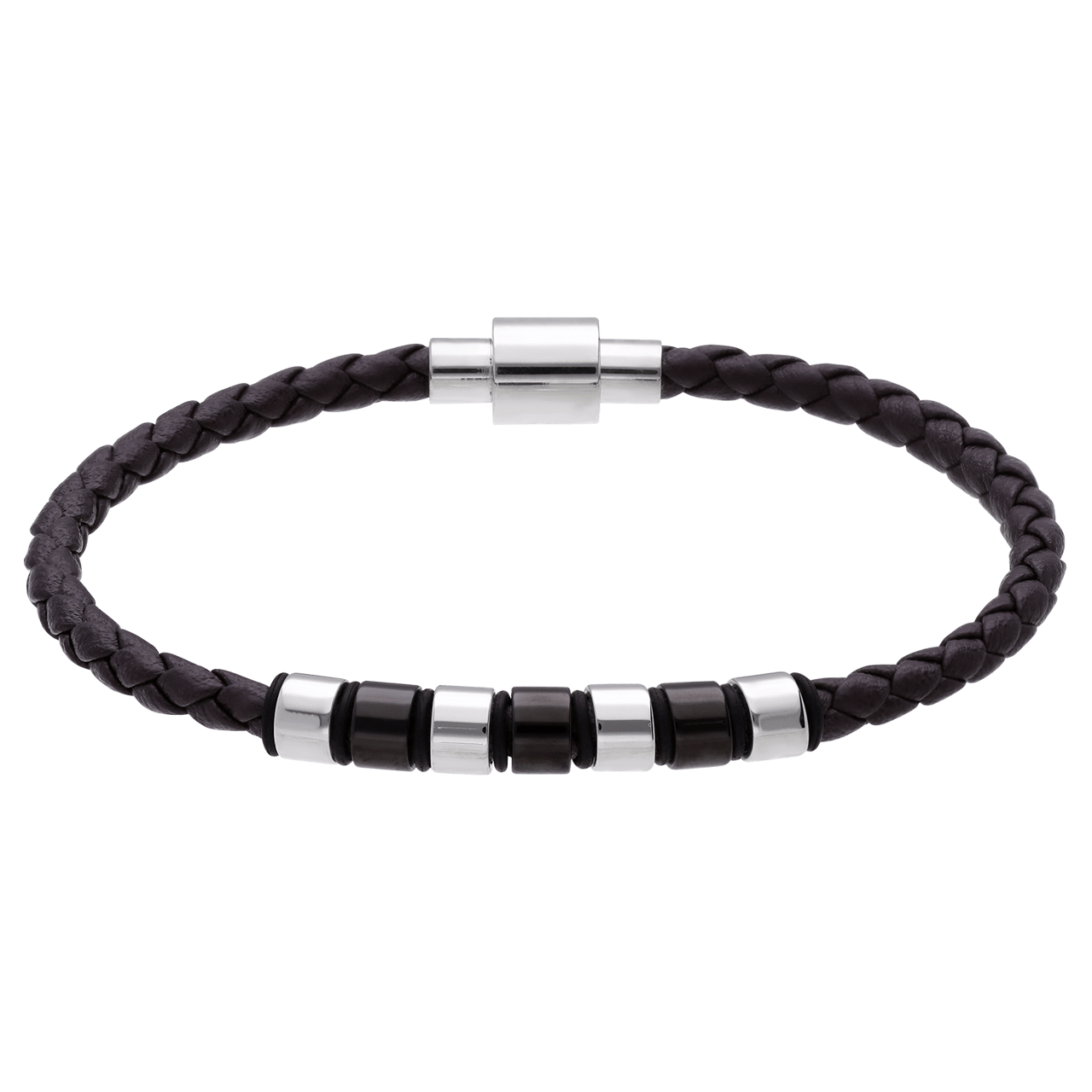 Stainless steel herenarmband gevlochten leer bruin