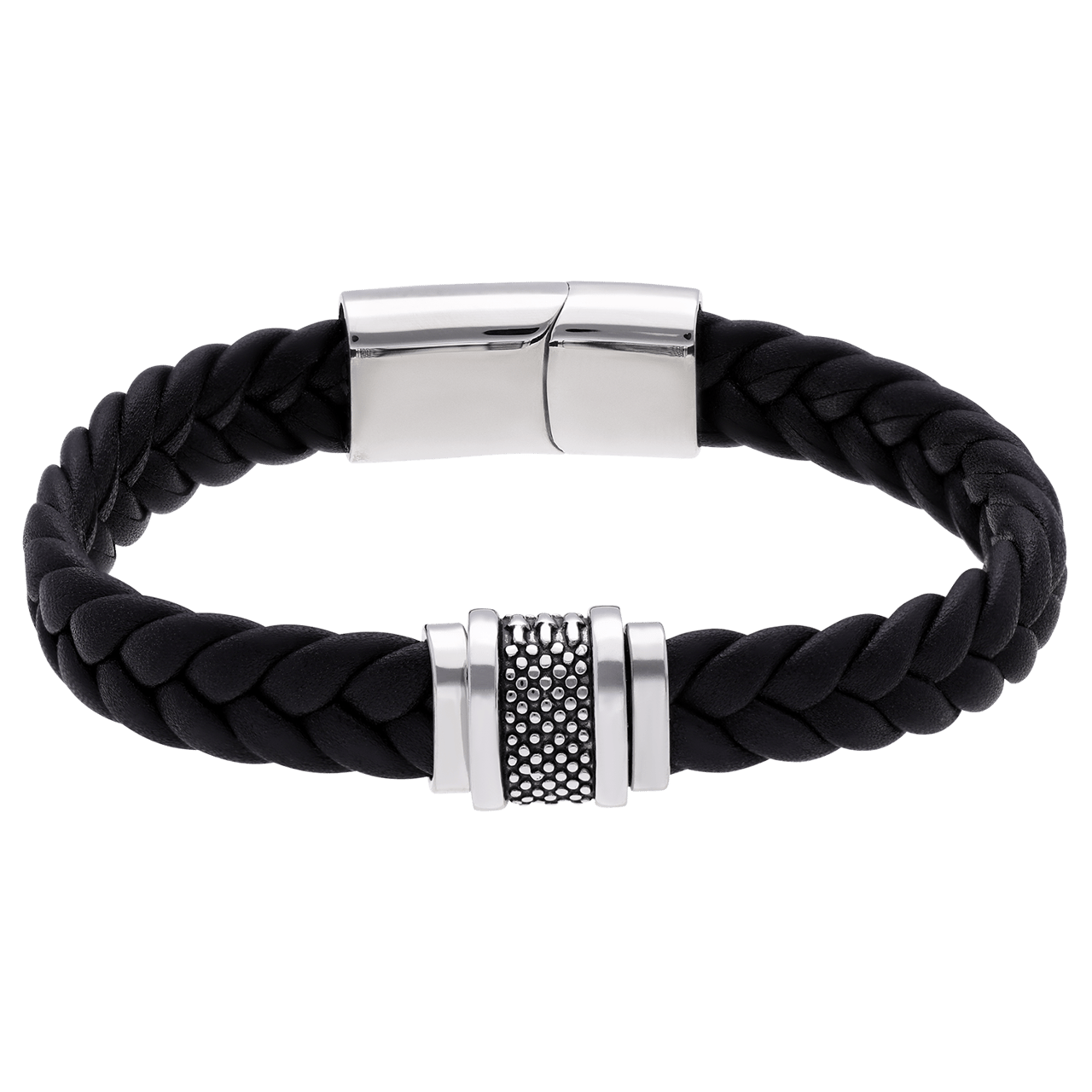 Stainless steel herenarmband gevlochten leer zwart