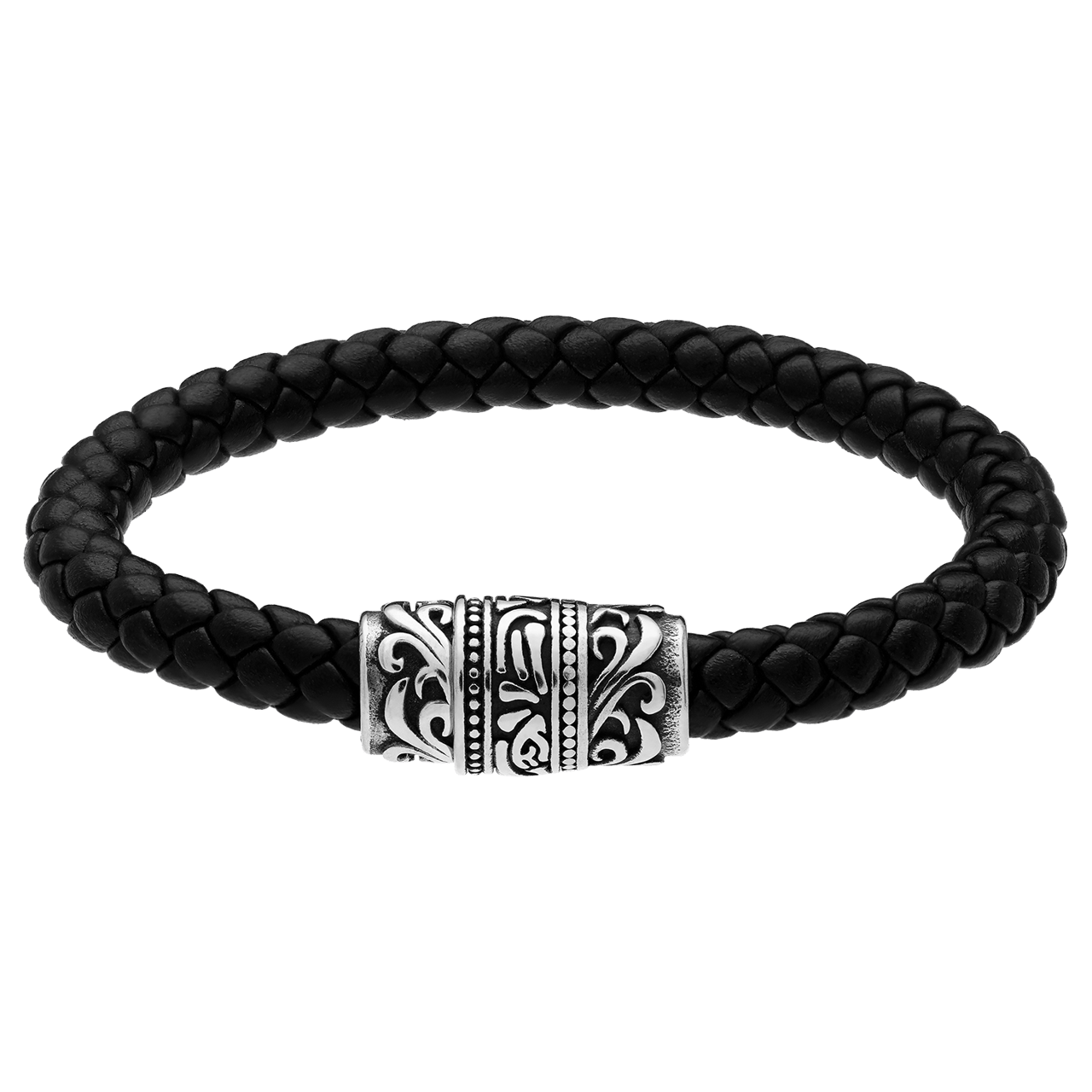 Edelstahl Herrenarmband mit geflochtenem schwarzem Leder