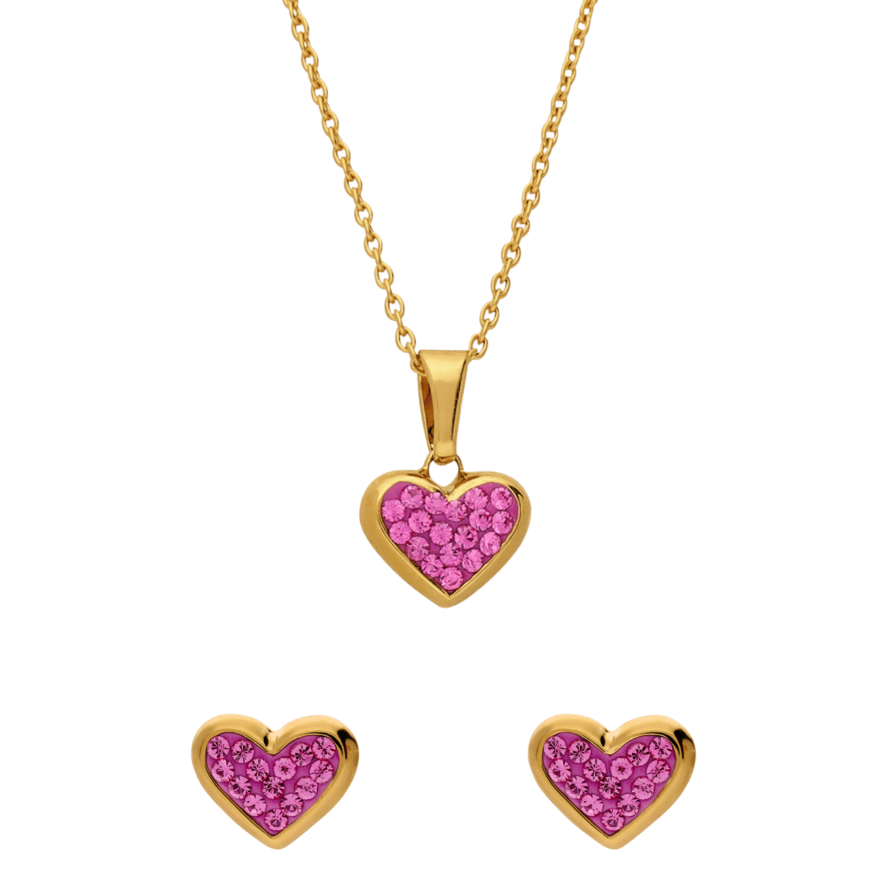 Zilveren goldplated kinderset hart met roze kristal
