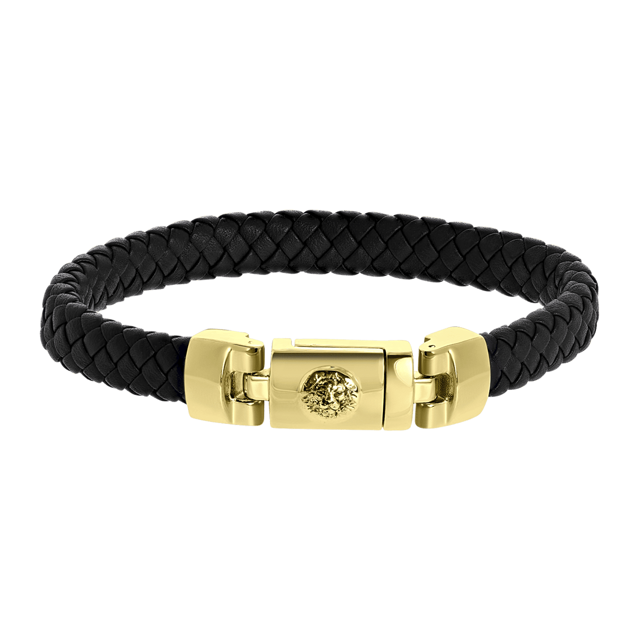 Lucardi - Gerecycled stalen herenarmband gold zwart leer met leeuw