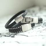 Herrenarmband, Edelstahl, geflochtenes Leder, schwarz