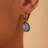 Stainless steel goldplated oorringen met blue lace agaat voor dames