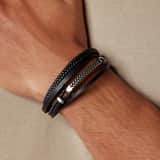 Stainless steel herenarmband gevlochten leer zwart