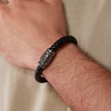 Stainless steel herenarmband gevlochten leer zwart