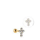 Stainless steel goldplated helixpiercing kruis met kristal voor dames