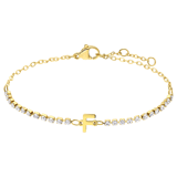 Stainless steel goldplated fantasiearmband met letterhanger F met zirkonia voor dames