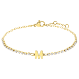 Stainless steel goldplated fantasiearmband met letterhanger M met zirkonia voor dames