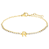 Tennisarmband aus Edelstahl, vergoldet, mit weißem kubischem Zirkonia, Buchstabe: R