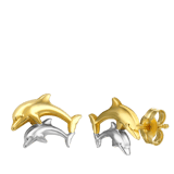 14K geelgouden kinderoorbellen 2 dolfijnen bicolor