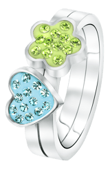 Kinderring aus Edelstahl Herz/Blume aquamarinblauer & grüner Kristall