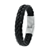 Stalen herenarmband gevlochten leer zwart