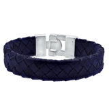 Stalen herenarmband gevlochten leer donker blauw