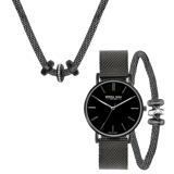 Edelstahl-Set, schwarz beschichtet, mit Armbanduhr, 3 Ringe mit Kristall