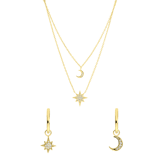 Zilveren goldplated sieradenset voor dames met maan en ster met zirkonia